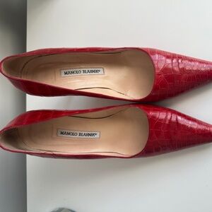 Manolo Blahnik Red Croc-Patterned Heels